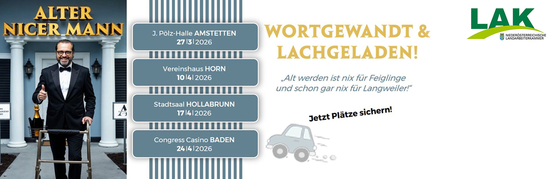 Bewerbung der Kabarettabende 2026 mit einem Bild von Kabarettist Gerald Fleischhacker und den Terminen