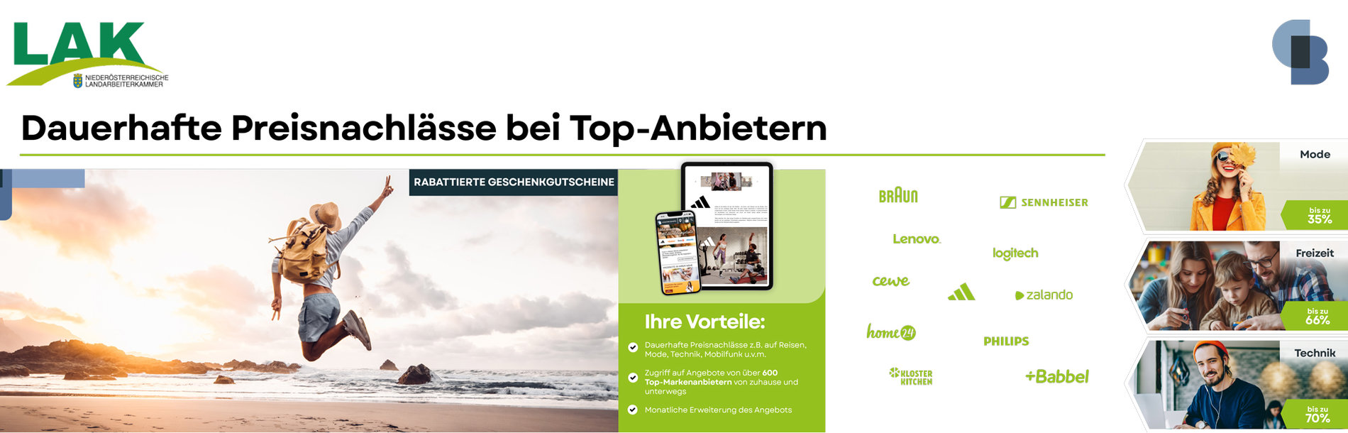 Neue Vorteilsplattform wird beworben mit Strandfoto und Firmenlogos