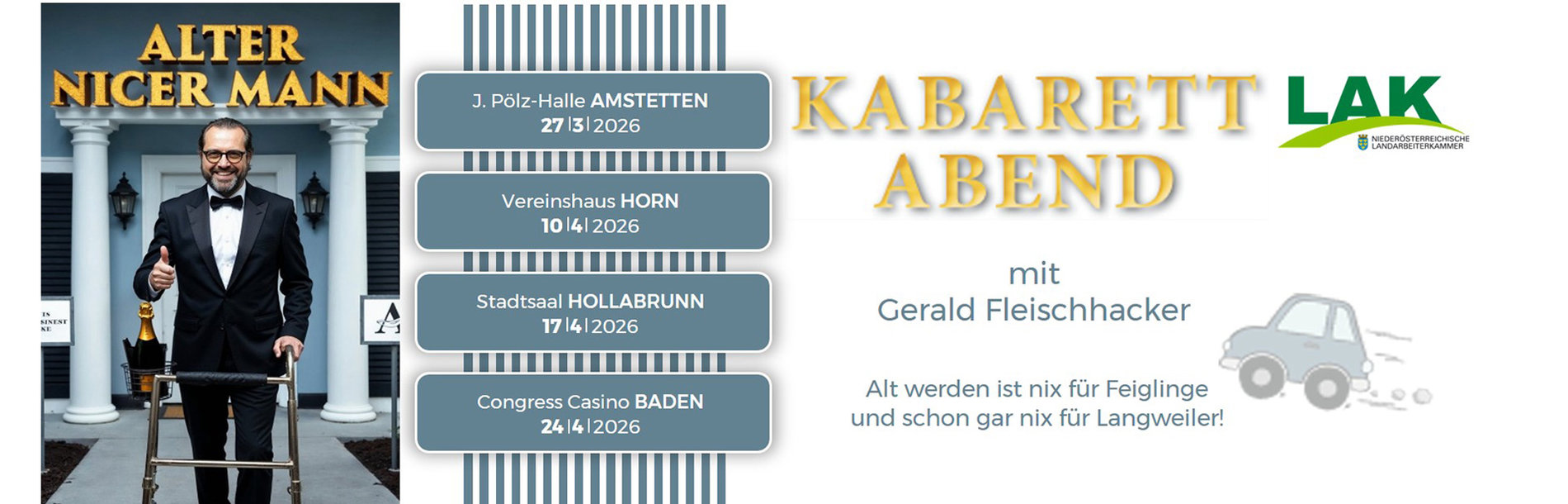 Bewerbung der Kabarettabende 2026 mit einem Bild von Kabarettist Gerald Fleischhacker und den Terminen