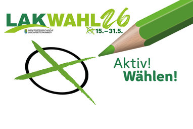 Hinweis auf Wahl mit Wahllogo und grünem Stift und Wahlkreuzerl