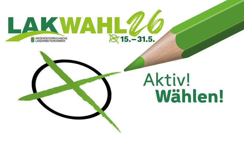 Hinweis auf Wahl mit Wahllogo und grünem Stift und Wahlkreuzerl